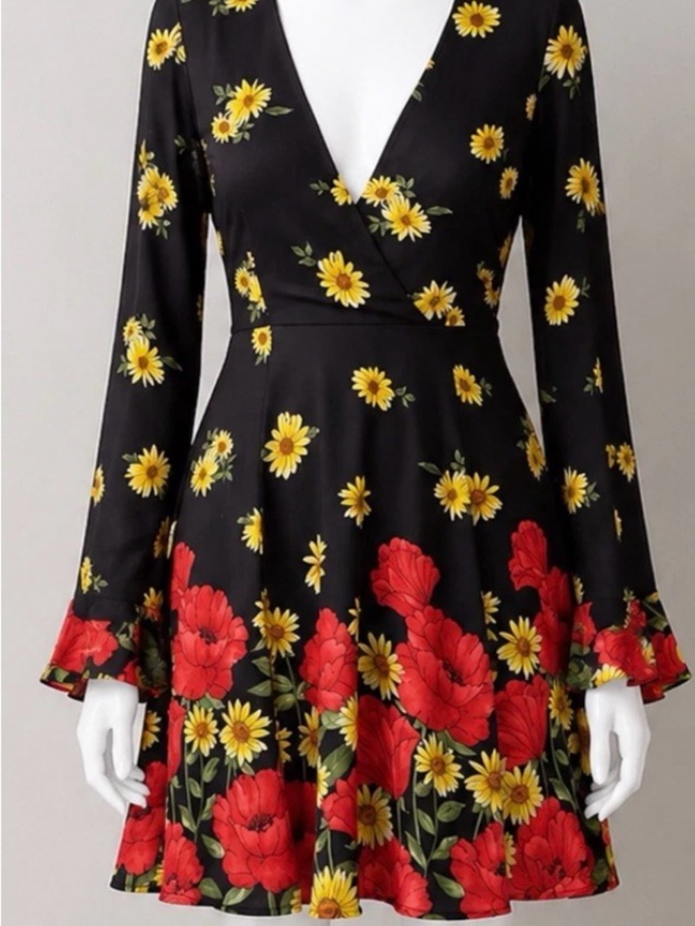 Forever 21 size M Black Floral Wrap Skater Dress with Red & Yellow Blooms